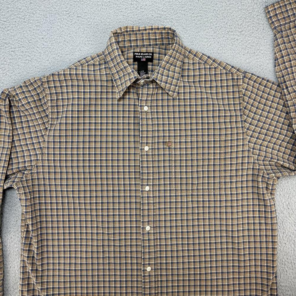 Ralph Lauren Polo Jeans Shirt Men Large Brown Blue Plaid Check Flag Vintage‎ Y2K